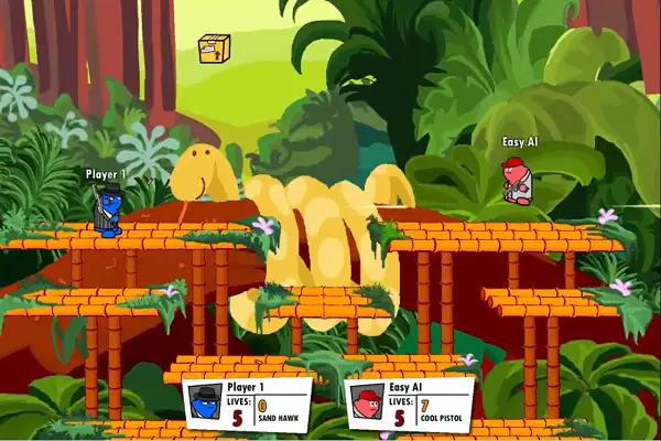 Gun Mayhem 2 gameplay screenshot showing a chaotic multiplayer platform battle